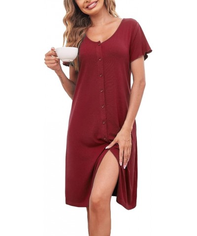 Women's Nightshirt Short Sleeve Button Down Nightgown V-Neck Sleepwear Pajama Dress A-wine Red $10.75 Sleep & Lounge