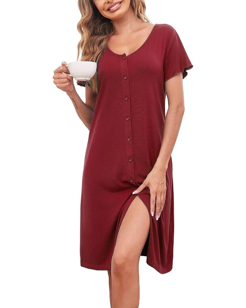 Women's Nightshirt Short Sleeve Button Down Nightgown V-Neck Sleepwear Pajama Dress A-wine Red $10.75 Sleep & Lounge