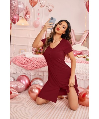 Women's Nightshirt Short Sleeve Button Down Nightgown V-Neck Sleepwear Pajama Dress A-wine Red $10.75 Sleep & Lounge