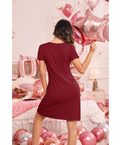 Women's Nightshirt Short Sleeve Button Down Nightgown V-Neck Sleepwear Pajama Dress A-wine Red $10.75 Sleep & Lounge