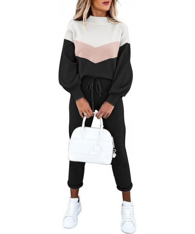 Women's Two Piece Outfits Sweater Sets Knit Pullover with Drawstring Long Pants Tracksuit Lounge Set Pink+black $21.16 Active...