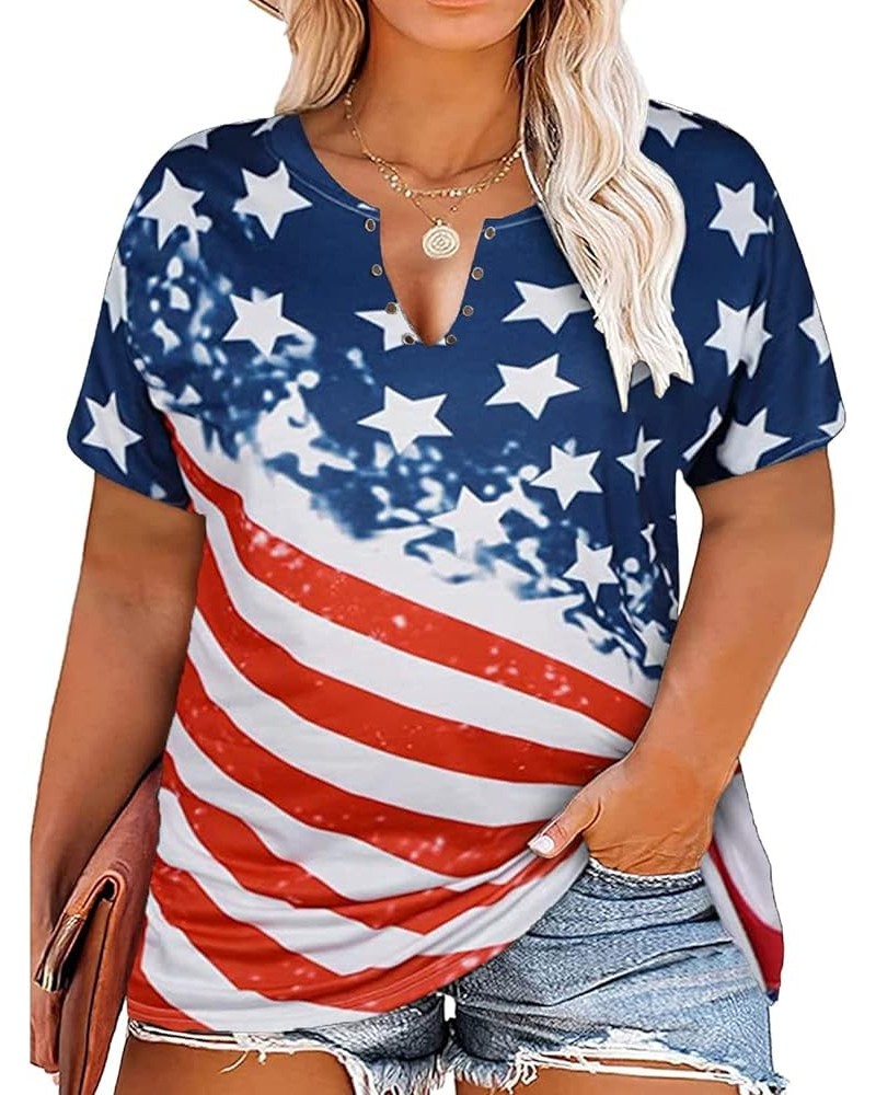 Plus Size USA Flag V-Neck T-Shirt Women Distressed American Flag Graphic Tees Short Sleeve 4th of July Patriotic Tops Multico...