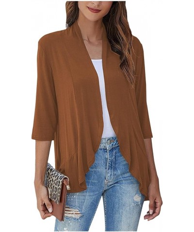 Cardigan for Women Lightweight Summer 3/4 Sleeve Cardigans Dressy Casual Open Front Ruffle Kimono Cardigan Duster A Brown $10...