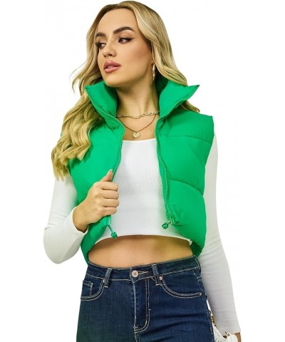 Women's Winter Crop Vest Puffer Zip Up Stand Collar Lightweight Sleeveless Padded Bodywarmer Gilet Flu Green $13.91 Vests