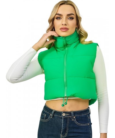 Women's Winter Crop Vest Puffer Zip Up Stand Collar Lightweight Sleeveless Padded Bodywarmer Gilet Flu Green $13.91 Vests