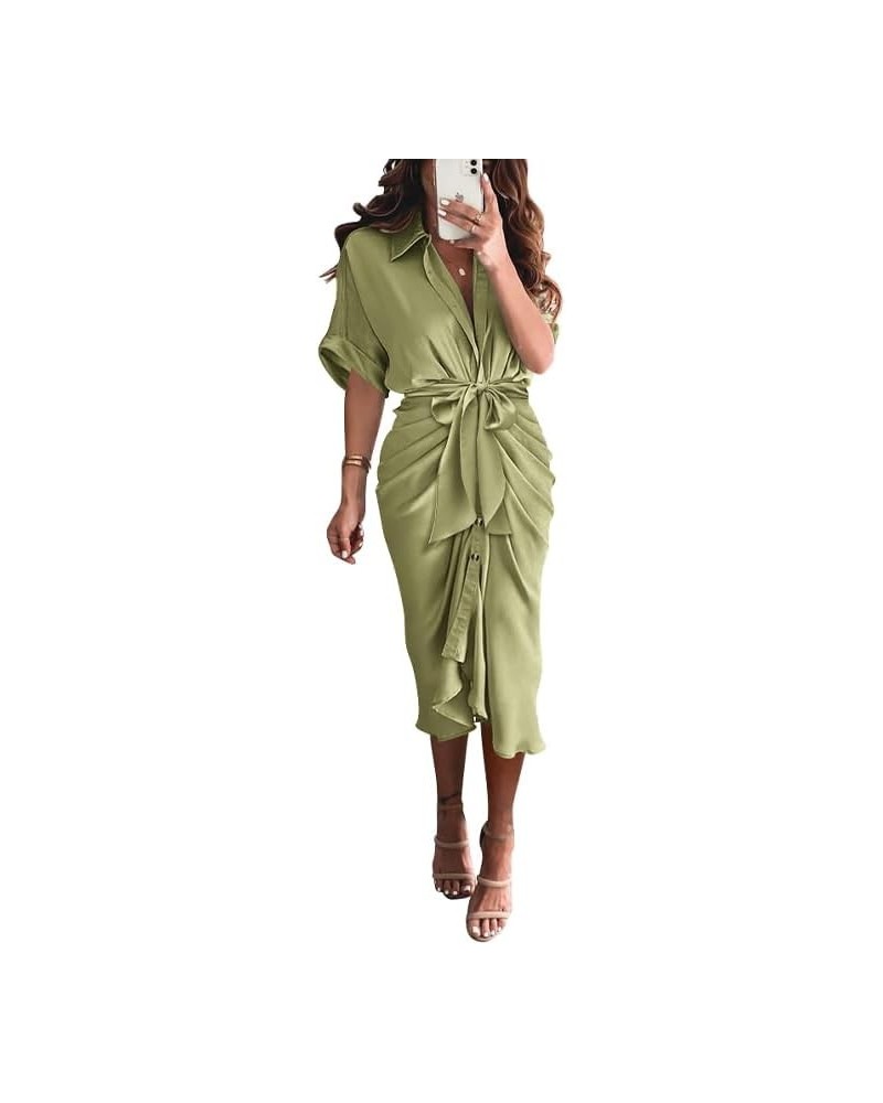 Women 2024 Button Down Ruched Shirt Dresses Short Sleeve Lapel V Neck Elegant Party Spring Summer Maxi Satin Dress Short Slee...