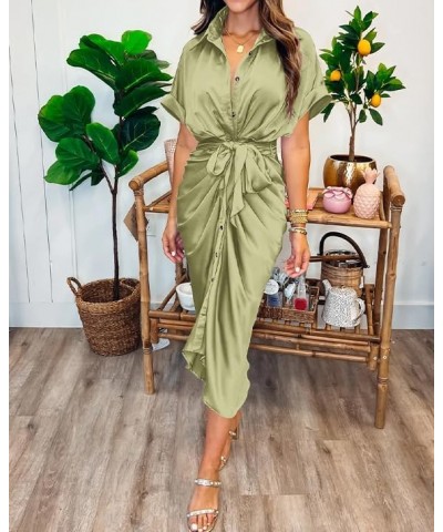 Women 2024 Button Down Ruched Shirt Dresses Short Sleeve Lapel V Neck Elegant Party Spring Summer Maxi Satin Dress Short Slee...