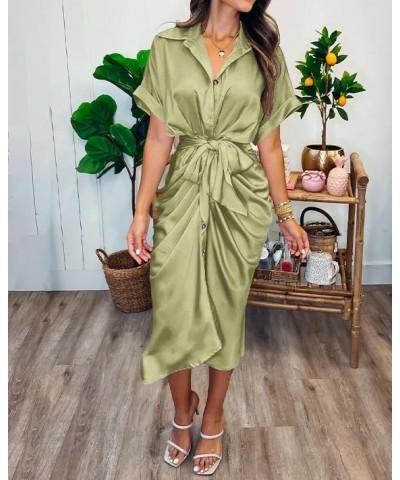 Women 2024 Button Down Ruched Shirt Dresses Short Sleeve Lapel V Neck Elegant Party Spring Summer Maxi Satin Dress Short Slee...