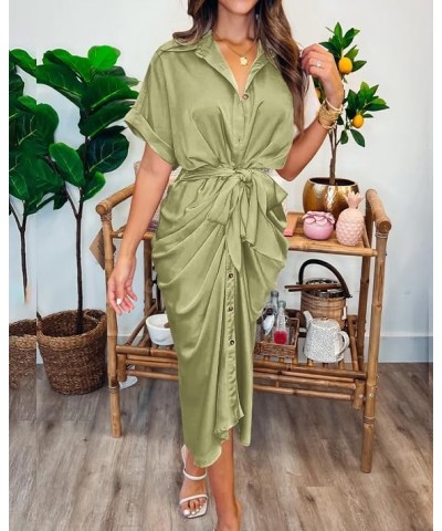 Women 2024 Button Down Ruched Shirt Dresses Short Sleeve Lapel V Neck Elegant Party Spring Summer Maxi Satin Dress Short Slee...