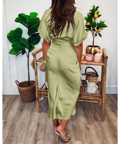 Women 2024 Button Down Ruched Shirt Dresses Short Sleeve Lapel V Neck Elegant Party Spring Summer Maxi Satin Dress Short Slee...