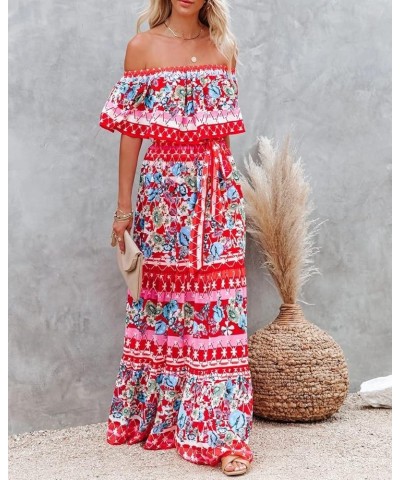 Women's Mexican Off Shoulder Maxi Dress Summer Loose Floral Print Ruffle Neck Sleeveless Beach Vacation Maxi Dress Floral Pri...