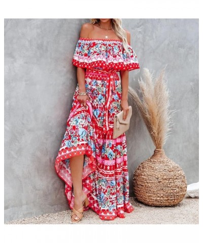 Women's Mexican Off Shoulder Maxi Dress Summer Loose Floral Print Ruffle Neck Sleeveless Beach Vacation Maxi Dress Floral Pri...