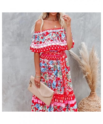 Women's Mexican Off Shoulder Maxi Dress Summer Loose Floral Print Ruffle Neck Sleeveless Beach Vacation Maxi Dress Floral Pri...