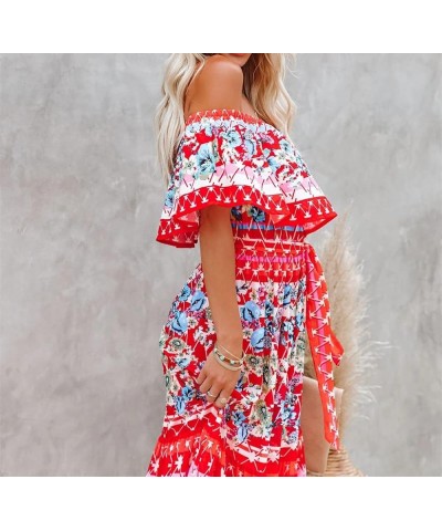 Women's Mexican Off Shoulder Maxi Dress Summer Loose Floral Print Ruffle Neck Sleeveless Beach Vacation Maxi Dress Floral Pri...