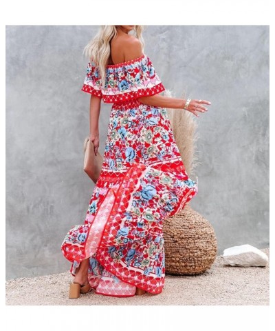 Women's Mexican Off Shoulder Maxi Dress Summer Loose Floral Print Ruffle Neck Sleeveless Beach Vacation Maxi Dress Floral Pri...