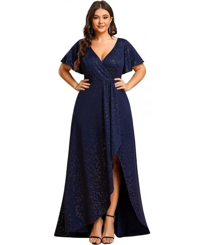 Women's V Neck A Line Ruffle Sleeve High Low Glitter Curve Wedding Guest Dresses Navy Blue $32.34 Dresses