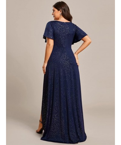 Women's V Neck A Line Ruffle Sleeve High Low Glitter Curve Wedding Guest Dresses Navy Blue $32.34 Dresses