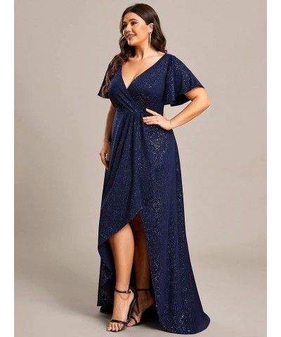 Women's V Neck A Line Ruffle Sleeve High Low Glitter Curve Wedding Guest Dresses Navy Blue $32.34 Dresses