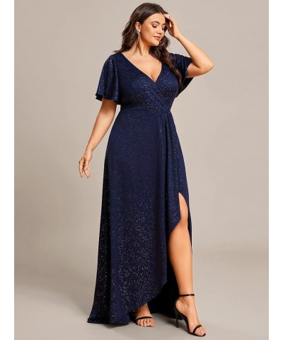 Women's V Neck A Line Ruffle Sleeve High Low Glitter Curve Wedding Guest Dresses Navy Blue $32.34 Dresses