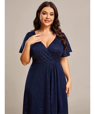 Women's V Neck A Line Ruffle Sleeve High Low Glitter Curve Wedding Guest Dresses Navy Blue $32.34 Dresses