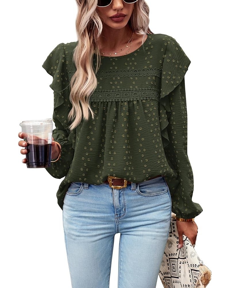 Women's Long Sleeve Blouses Ruffle Swiss Dot Crochet Loose Fit 2023 Fall Tunic Dressy Casual Tops Army Green $13.81 Tops