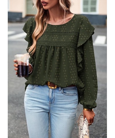 Women's Long Sleeve Blouses Ruffle Swiss Dot Crochet Loose Fit 2023 Fall Tunic Dressy Casual Tops Army Green $13.81 Tops