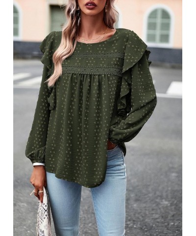 Women's Long Sleeve Blouses Ruffle Swiss Dot Crochet Loose Fit 2023 Fall Tunic Dressy Casual Tops Army Green $13.81 Tops