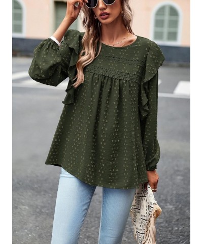 Women's Long Sleeve Blouses Ruffle Swiss Dot Crochet Loose Fit 2023 Fall Tunic Dressy Casual Tops Army Green $13.81 Tops