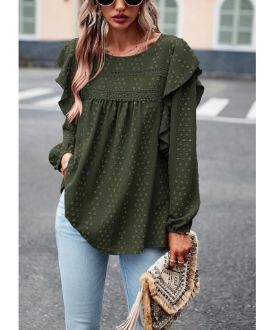 Women's Long Sleeve Blouses Ruffle Swiss Dot Crochet Loose Fit 2023 Fall Tunic Dressy Casual Tops Army Green $13.81 Tops