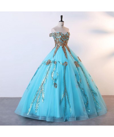 Sequined Pearl Off Shoulder Ball Prom Dress Floor Lenght Tulle Quinceanera Dresses Formal Princess Ball Prom Dress Sky Blue $...