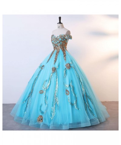 Sequined Pearl Off Shoulder Ball Prom Dress Floor Lenght Tulle Quinceanera Dresses Formal Princess Ball Prom Dress Sky Blue $...