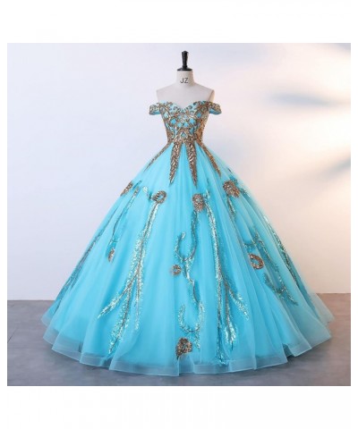 Sequined Pearl Off Shoulder Ball Prom Dress Floor Lenght Tulle Quinceanera Dresses Formal Princess Ball Prom Dress Sky Blue $...