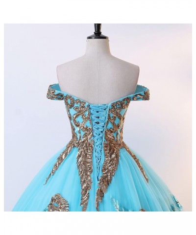 Sequined Pearl Off Shoulder Ball Prom Dress Floor Lenght Tulle Quinceanera Dresses Formal Princess Ball Prom Dress Sky Blue $...