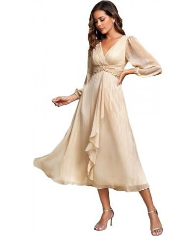 Women's Elegant A Line Ruched V Neck Long Sleeves Tea-Length Fall Wedding Guest Dresses 01977 Champagne $37.68 Dresses