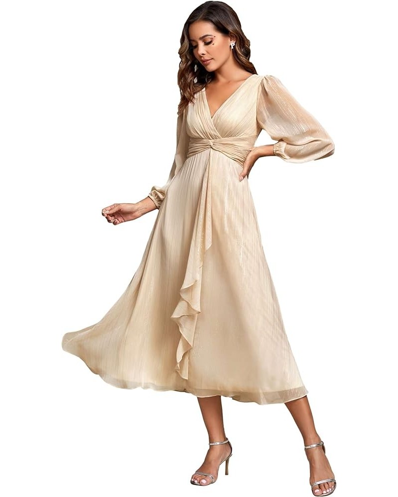 Women's Elegant A Line Ruched V Neck Long Sleeves Tea-Length Fall Wedding Guest Dresses 01977 Champagne $37.68 Dresses