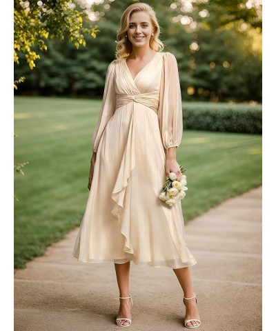 Women's Elegant A Line Ruched V Neck Long Sleeves Tea-Length Fall Wedding Guest Dresses 01977 Champagne $37.68 Dresses