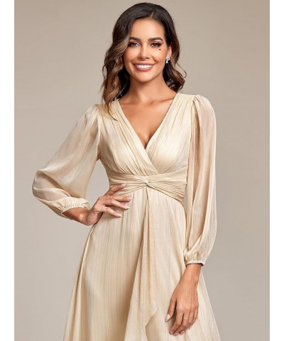 Women's Elegant A Line Ruched V Neck Long Sleeves Tea-Length Fall Wedding Guest Dresses 01977 Champagne $37.68 Dresses