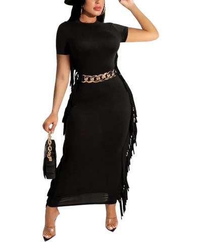 Women Casual Fringe Dress Short Sleeve Bodycon Maxi Dresses for Date Night Beach Wear Black $18.04 Dresses