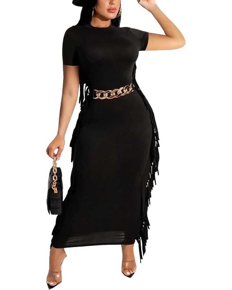 Women Casual Fringe Dress Short Sleeve Bodycon Maxi Dresses for Date Night Beach Wear Black $18.04 Dresses