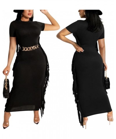 Women Casual Fringe Dress Short Sleeve Bodycon Maxi Dresses for Date Night Beach Wear Black $18.04 Dresses