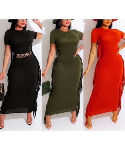 Women Casual Fringe Dress Short Sleeve Bodycon Maxi Dresses for Date Night Beach Wear Black $18.04 Dresses