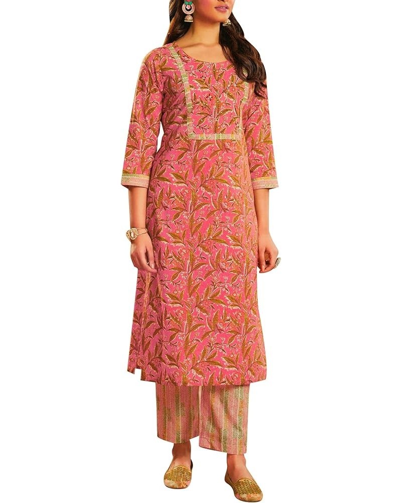 Casual Ethnic Printed Cotton Kurta with Pants set for Women Kurti (CPKP DTQU690) Pink (Ak) $23.88 Tops