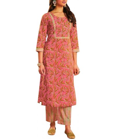 Casual Ethnic Printed Cotton Kurta with Pants set for Women Kurti (CPKP DTQU690) Pink (Ak) $23.88 Tops