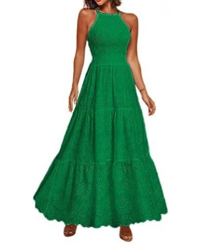 Women's Embroidery Pearl Button Down Dress V Neck Spaghetti Strap Maxi Dress Halter-Soild Halter-emerald Green $17.15 Dresses