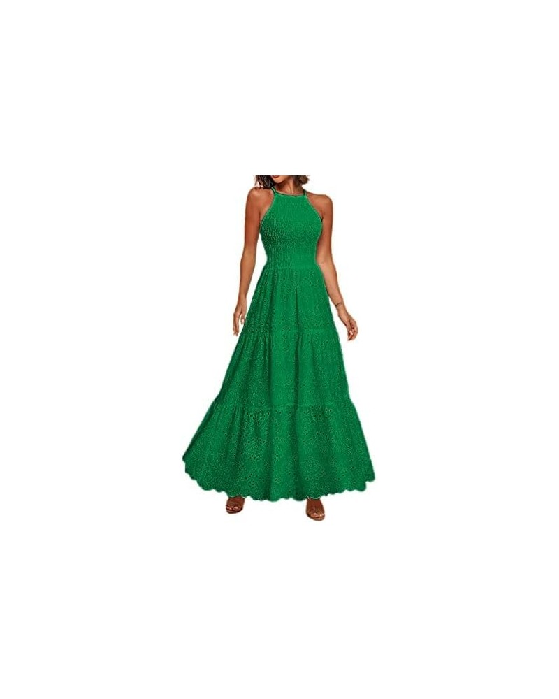 Women's Embroidery Pearl Button Down Dress V Neck Spaghetti Strap Maxi Dress Halter-Soild Halter-emerald Green $17.15 Dresses