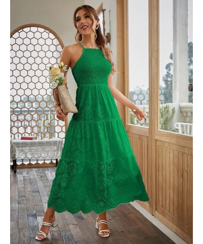 Women's Embroidery Pearl Button Down Dress V Neck Spaghetti Strap Maxi Dress Halter-Soild Halter-emerald Green $17.15 Dresses