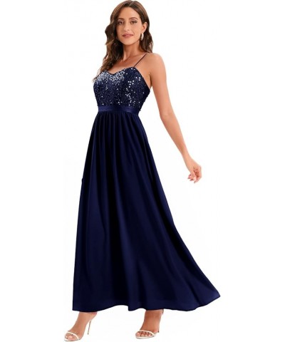 Women's Formal Dress Long Bridesmaid Wedding Guest Dresses Modest Prom Cocktail Party Strap Dress Sequin Navy $27.72 Dresses