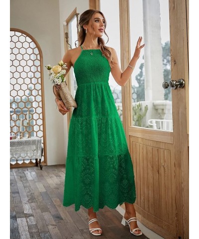 Women's Embroidery Pearl Button Down Dress V Neck Spaghetti Strap Maxi Dress Halter-Soild Halter-emerald Green $17.15 Dresses