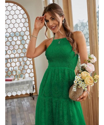 Women's Embroidery Pearl Button Down Dress V Neck Spaghetti Strap Maxi Dress Halter-Soild Halter-emerald Green $17.15 Dresses