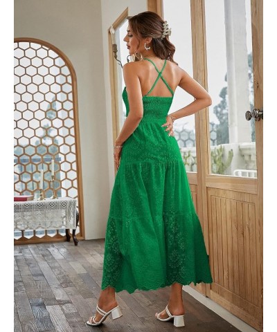 Women's Embroidery Pearl Button Down Dress V Neck Spaghetti Strap Maxi Dress Halter-Soild Halter-emerald Green $17.15 Dresses